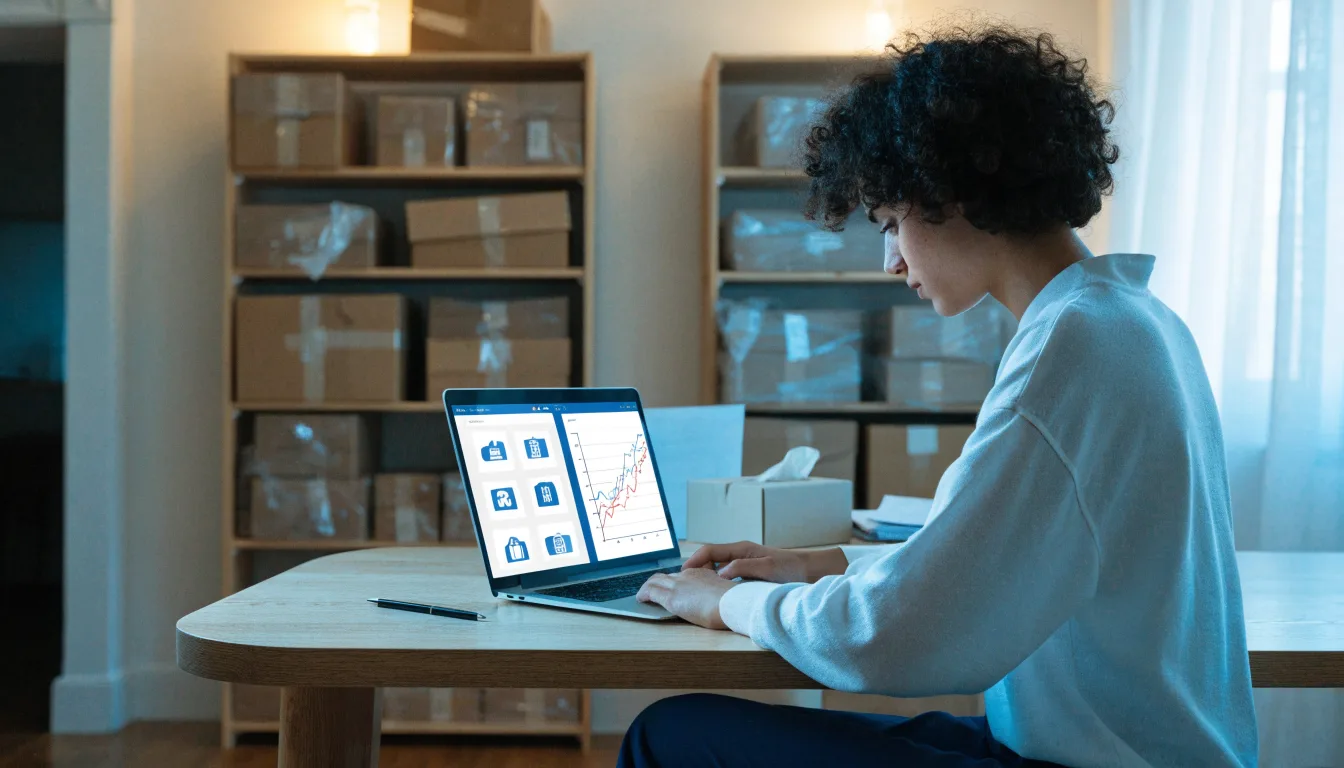 Chủ cửa hàng trực tuyến xem quy mô sản phẩm và lưu lượng website trên máy tính